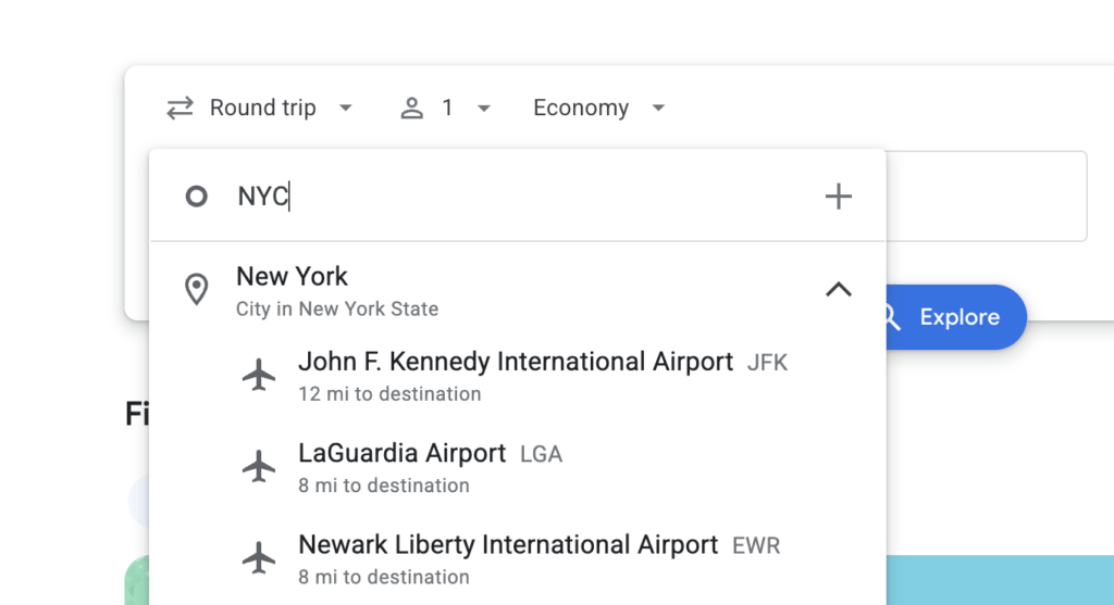 Google Flights search interface showing flight options from all New York City airports (JFK, LGA, EWR) after entering "NYC" as the departure location.